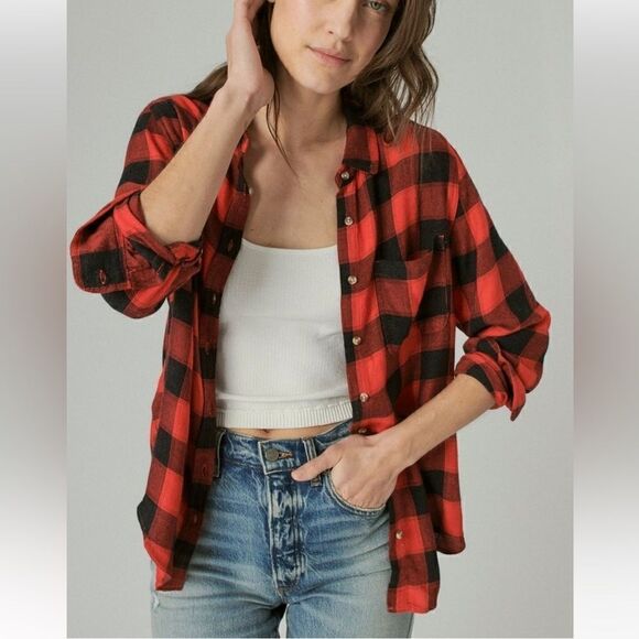 Lucky Brand Cloud Plaid Button Up Red Black Shirt Women’s Small - Picture 1 of 4